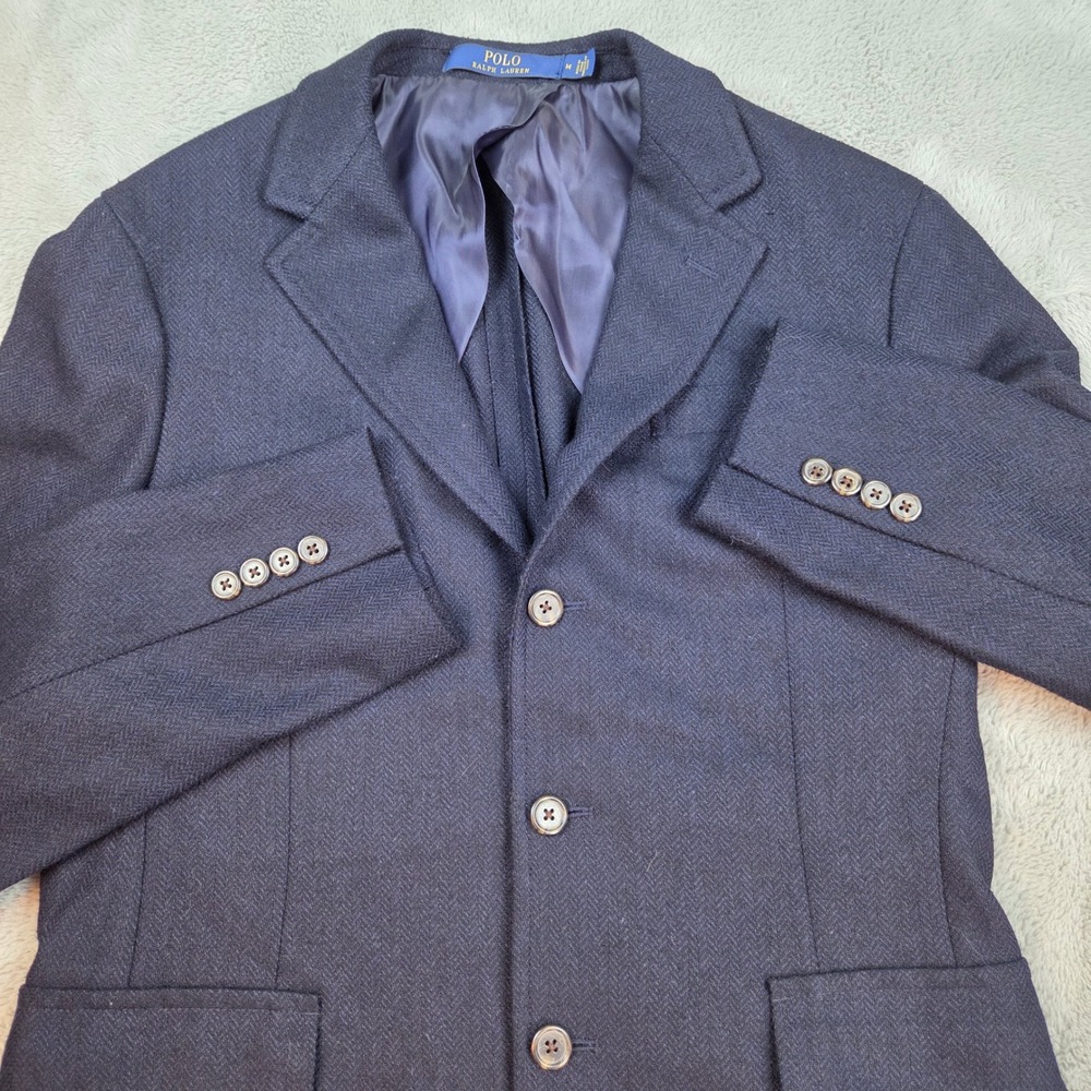 Polo Ralph Lauren Wool Blend Blazer Mens M Herringbone 3-Button Sport Coat Navy